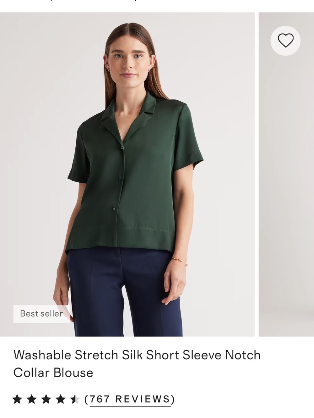 Quince Washable Stretch Silk Short Sleeve Notch Collar Blouse Green Large
